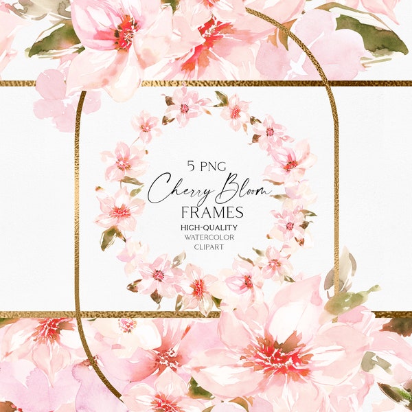 Kersenbloesem frame clipart. Aquarel sakura bloesem png, roze bloemen en gouden lijsten voor huwelijksuitnodiging, babyshower 142