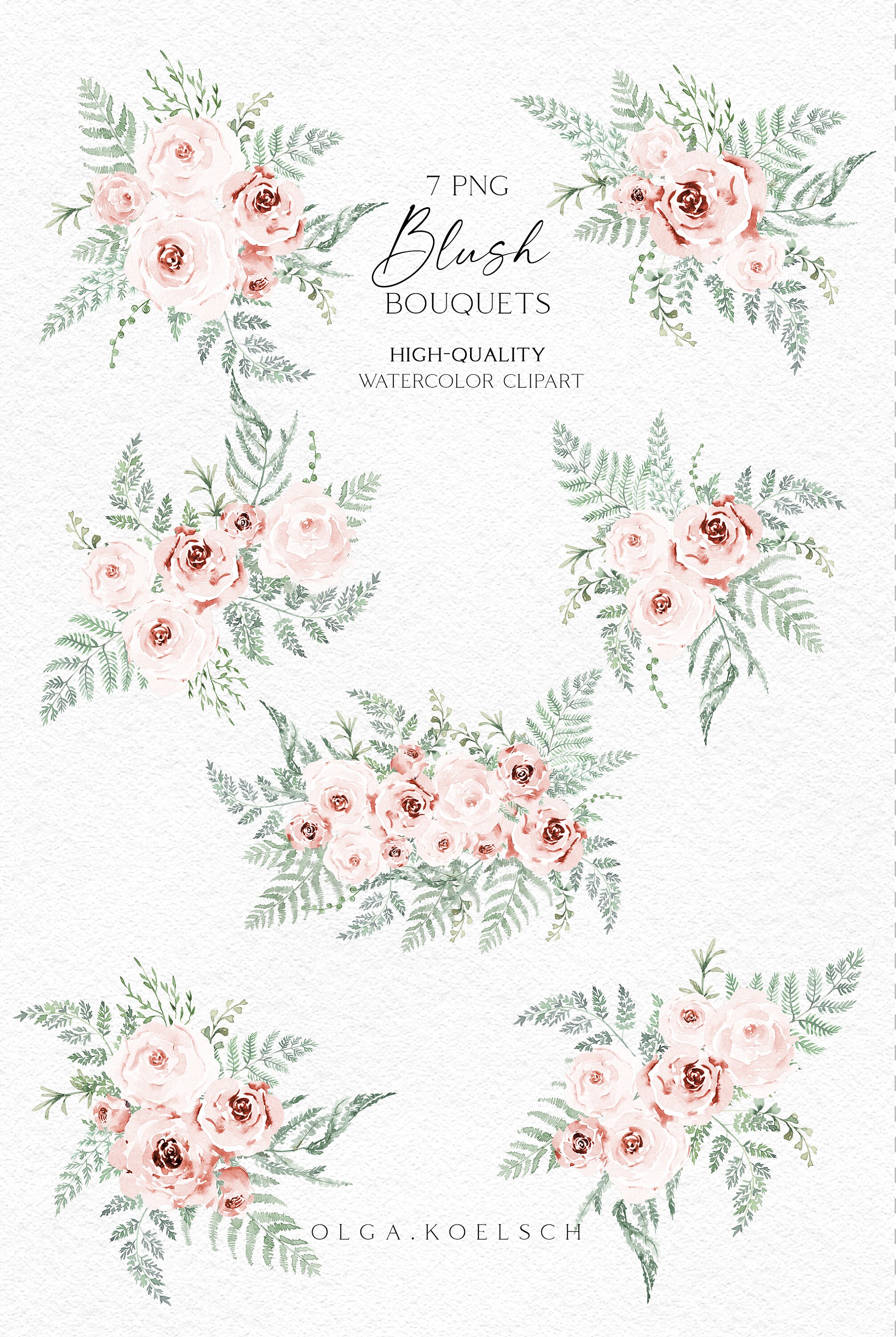 Boho Roses Bouquets Clipart, Watercolor Fern Floral Borders Png ...
