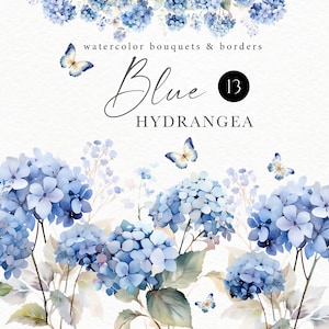 Clipart de hortênsia aquarela, bordas florais azuis png para convite de casamento, chá de bebê menino