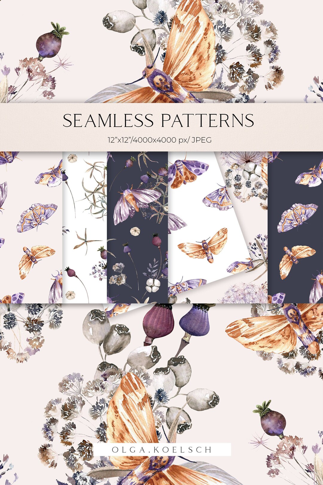 Boho Flowers Digital Paper, Boho Floral Seamless Pattern With Dried ...