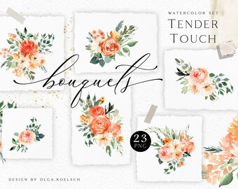 Watercolor boho bouquet clipart, Burnt orange rose modern png clipart for fall wedding, baby shower, thanksgiving png 059