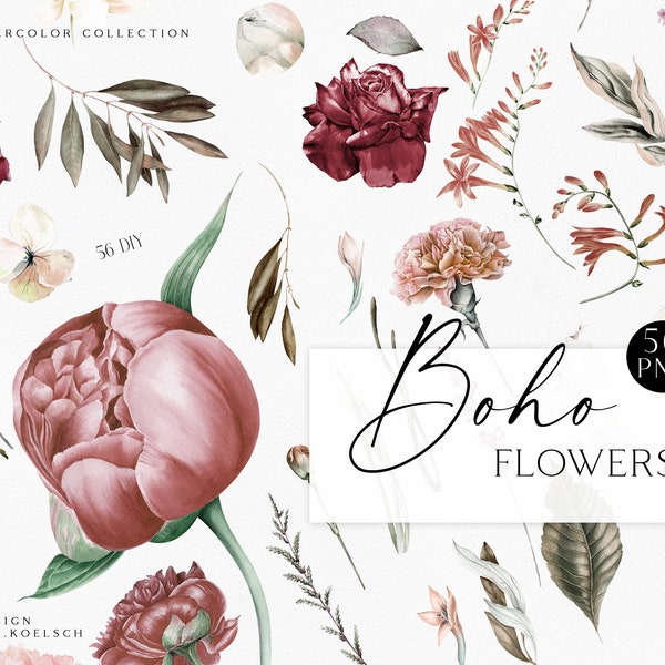 Watercolor boho floral clipart, Burgundy roses clip art, Modern flowers png for wedding invitations, social media, feminine logo 009