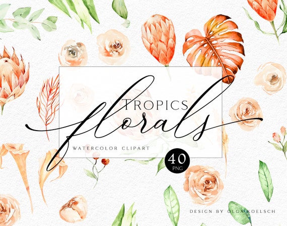 Watercolor Boho Floral Clipart: Tropic Flowers & Eucalyptus (PNG)