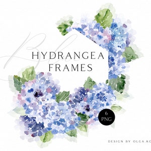 Watercolor baby blue hydrangea clipart, Dusty blue  flower clip art, Blue floral frames png  for wedding invitation, baby shower  031