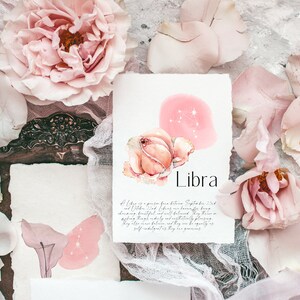 May include: A watercolor illustration of the Libra zodiac sign with a pink rose and a pink background. The text "Libra" is written below the rose. The text "A Libra is a person born between September 23rd and October 22nd. Libras are known for being charming, beautiful, and well-balanced. They have a diplomatic nature and are exceptionally pleasant. They are truthful, but not afraid to be equally as self-indulgent as they are generous." is written below the zodiac sign.