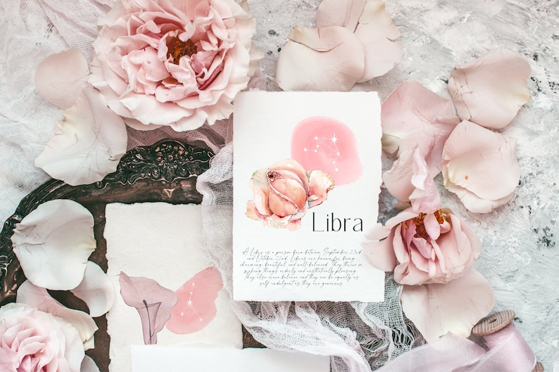 May include: A watercolor illustration of the Libra zodiac sign with a pink rose and a pink background. The text "Libra" is written below the rose. The text "A Libra is a person born between September 23rd and October 22nd. Libras are known for being charming, beautiful, and well-balanced. They have a diplomatic nature and are exceptionally pleasant. They are truthful, but not afraid to be equally as self-indulgent as they are generous." is written below the zodiac sign.