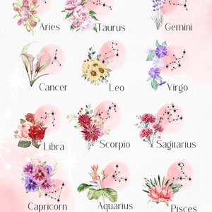 May include: Watercolor illustrations of zodiac signs with floral arrangements. Each sign is paired with a different flower and constellation. The signs are Aries, Taurus, Gemini, Cancer, Leo, Virgo, Libra, Scorpio, Sagittarius, Capricorn, Aquarius, and Pisces.