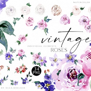 Clipart de rosas boho em aquarela, png floral rosa e roxo para convite de casamento, conjunto para fazer cartões de dia das mães, scrapbooking digital 084