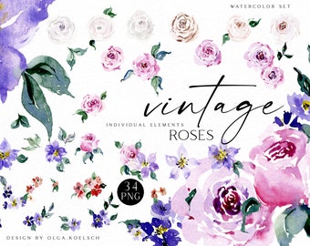 Watercolor Roses Clipart, Boho Floral PNG Set (Digital Download)