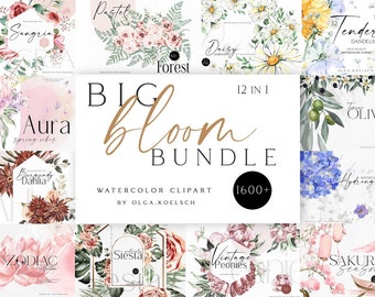 May include: A digital illustration of a watercolor clipart bundle featuring 12 different floral designs. The designs include flowers like daisies, hydrangeas, peonies, and olive branches. The text "BIG BLOOM BUNDLE" is written in a gold script font. The text "WATERCOLOR CLIPART BY OLGA. KOELSCH" is written in a black sans-serif font. The text "1600+" is written in a gold sans-serif font.