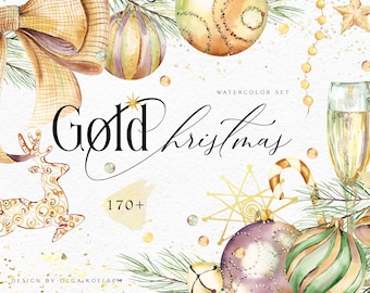 Clipart di Natale ad acquerello Corona di Natale dorata png Bicchiere da champagne, corona, angelo, festa, campana Clipart di Capodanno di alta qualità 074