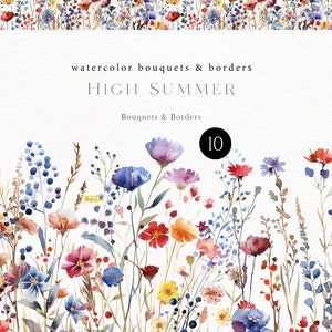 Clipart bordure florale aquarelle, bouquets de fleurs sauvages lumineux png pour faire-part de mariage, baby shower, baptême, affiches