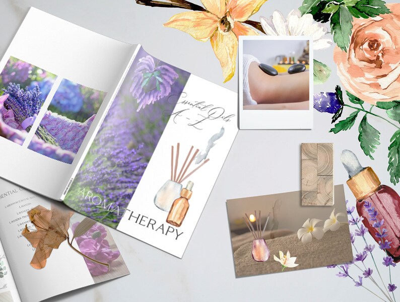 May include: A book titled "Essential Oils A-L" with the word "Aromatherapy" on the cover. The book is open to a page with a watercolor illustration of lavender flowers and a diffuser with essential oil bottles. The book is surrounded by watercolor illustrations of flowers, a photo of a hand receiving a hot stone massage, and a photo of a diffuser with essential oil bottles.
