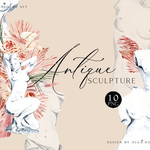 Sculpture aquarelle png, clipart Statue Boho, clipart Grèce antique, statue de dieu grec avec éléments floraux 123