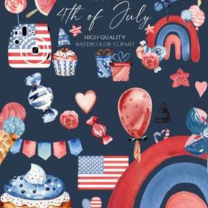 May include: A set of 45 watercolor clipart images featuring patriotic American themes for the 4th of July. The images include flags, balloons, cupcakes, candy, a camera, a rainbow, and a watermelon. The images are in red, white, and blue.