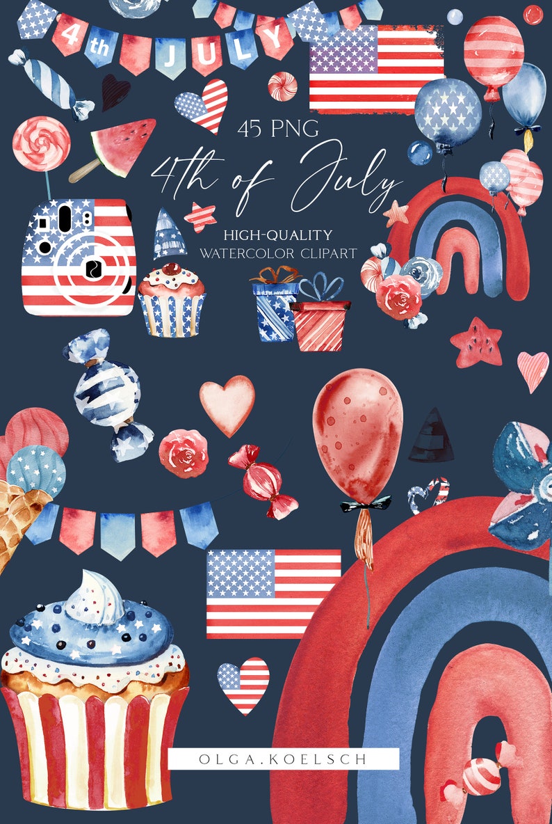 May include: A set of 45 watercolor clipart images featuring patriotic American themes for the 4th of July. The images include flags, balloons, cupcakes, candy, a camera, a rainbow, and a watermelon. The images are in red, white, and blue.