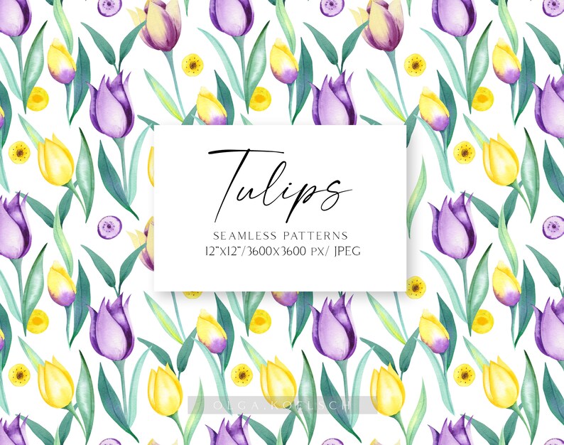 Easter Spring seamless pattern yellow and purple flowers digital paper 12x12 JPG Watercolor tulip digital paper pack
