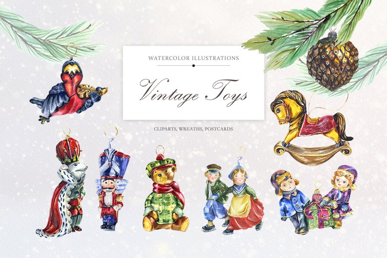 DIY Nutcracker Christmas Watercolor Clip Art Vintage Toys Mouse king clipart Christmas Bundle New Year cards Retro Christmas decor PNG