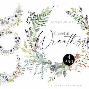 Clipart de coroa de flores em aquarela, flores brancas Boho e coroas de folhagens, folhas de anêmona e eucalipto para convites de casamento 025