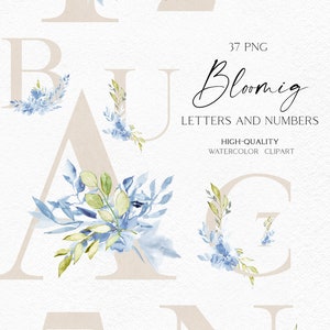 Clipart alfabeto matrimonio blu boho, alfabeto floreale acquerello azzurro e verde png, lettere logo femminile 114