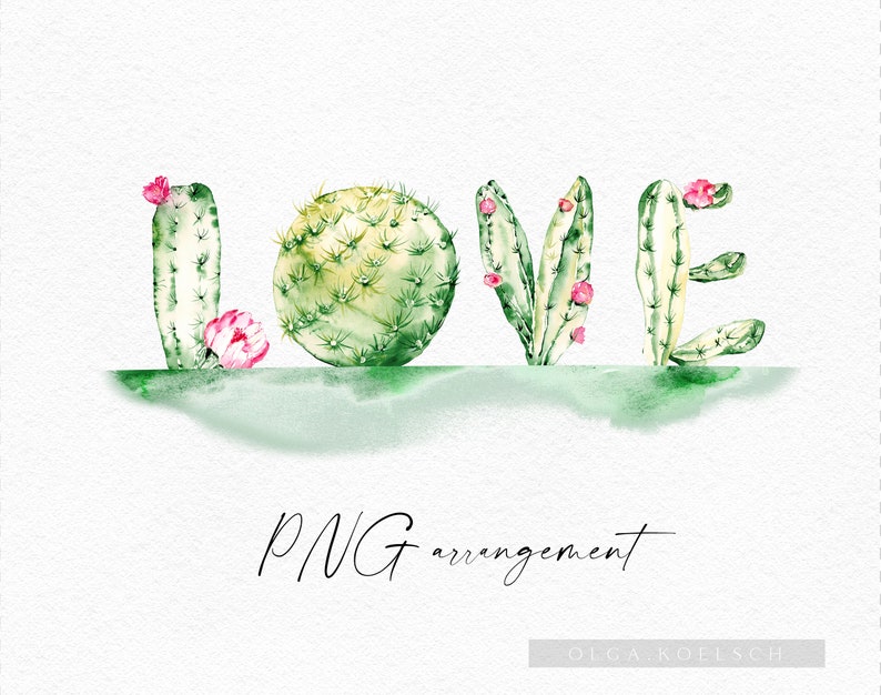 May include: Watercolor painting of the word "LOVE" spelled out using green cactus plants with pink flowers. The word is on a green watercolor background. The text "PNG arrangement" is written below the word "LOVE" and the text "OLGA KOELSCH" is written below that.