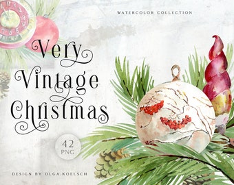 Watercolor Christmas Clip Art, Vintage Baubles, Greenery (PNG)