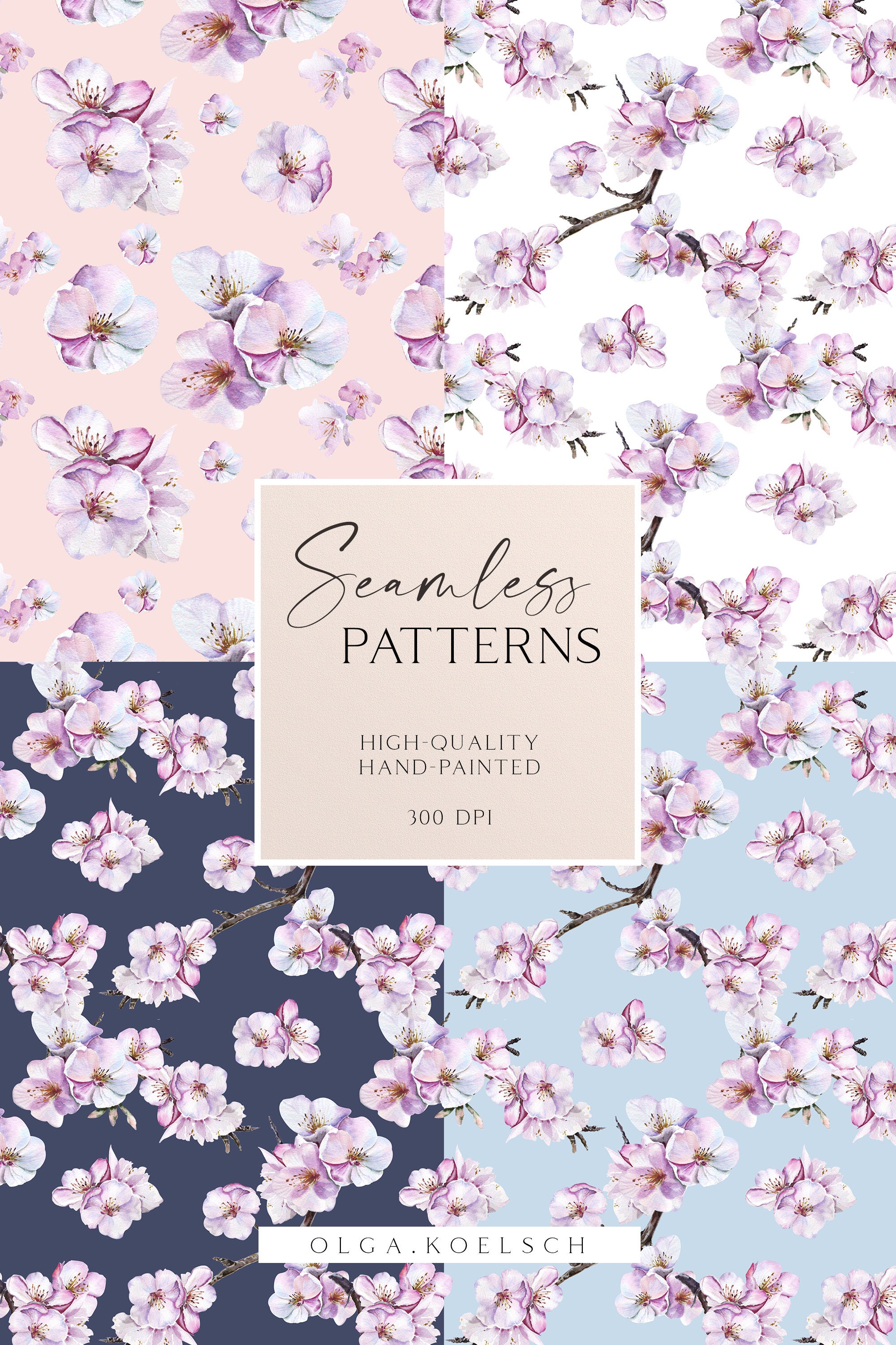 Boho Pink Seamless Pattern for Fabric, Watercolor Cherry Blossom Flower ...