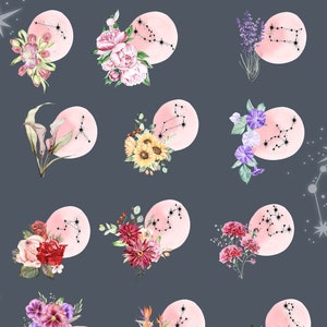 May include: Twelve watercolor floral illustrations of zodiac signs. Each illustration features a different flower arrangement and a pink circle with the constellation of the zodiac sign in black.