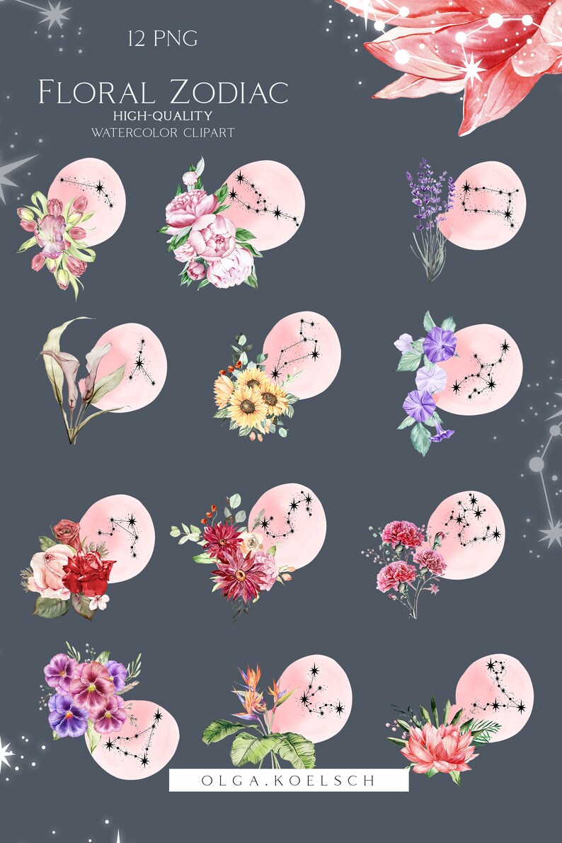 May include: Twelve watercolor floral illustrations of zodiac signs. Each illustration features a different flower arrangement and a pink circle with the constellation of the zodiac sign in black.