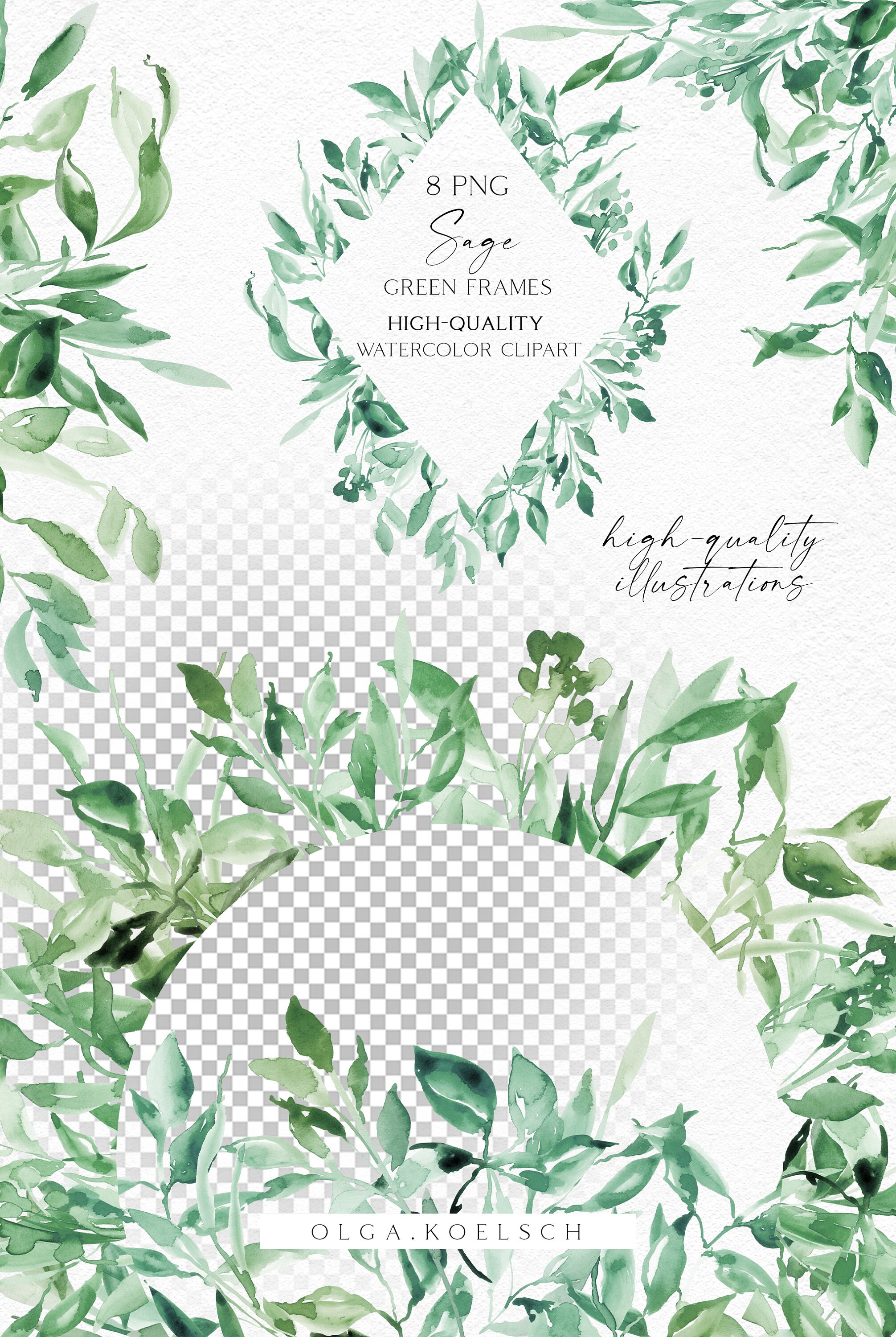 Watercolor Greenery Frames Clipart, Eucalyptus Clipart, Green Twigs Png ...