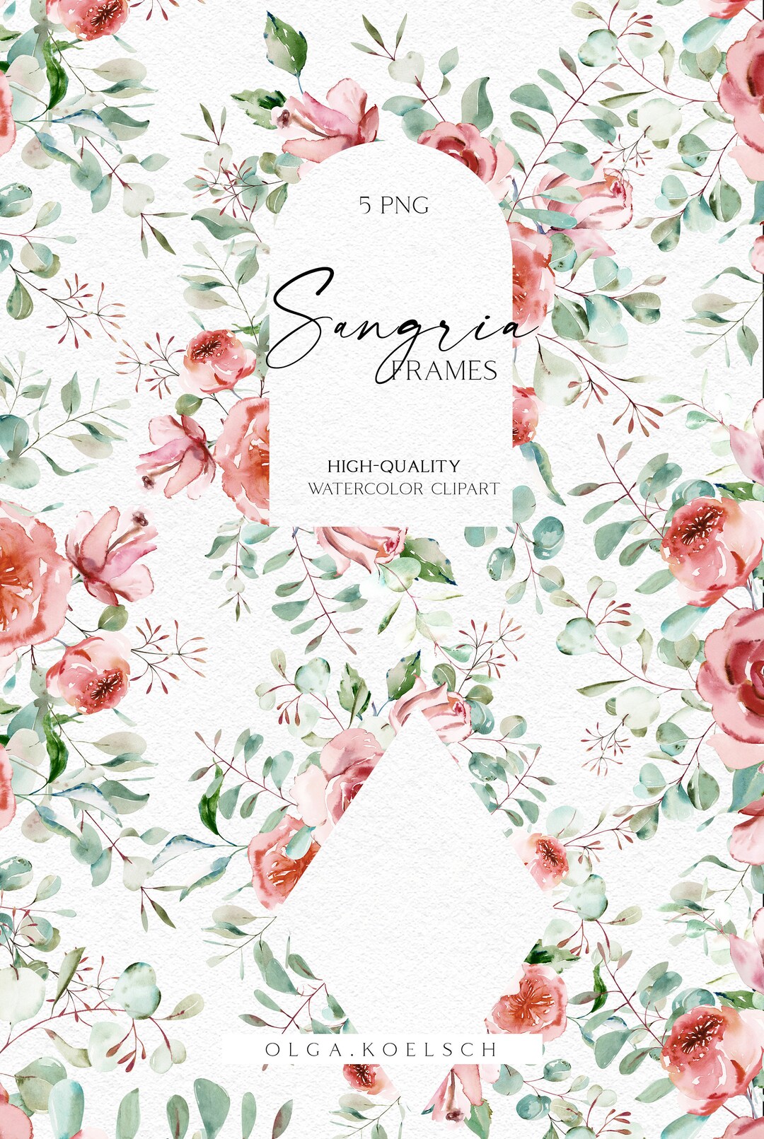 Boho Roses Frame Clipart, Eucalyptus Watercolor Floral Borders Png ...