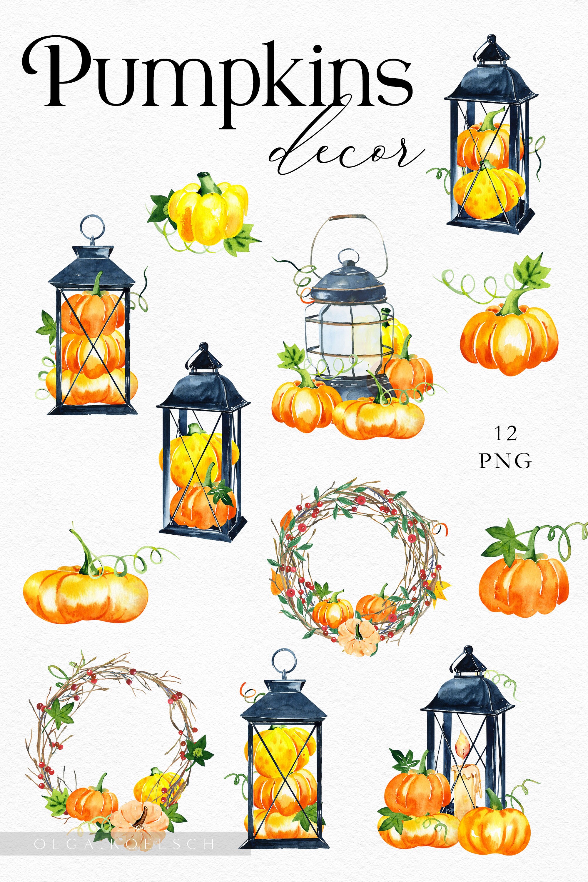 Watercolor Fall Clipart Pumpkin Png With Lantern Clipart | Etsy