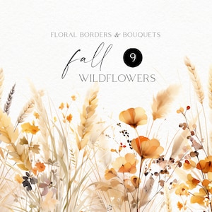 Clipart aquarelle de fleurs sauvages d'automne, bordures florales bohèmes png pour faire-part de mariage d'automne et baby shower neutre 158