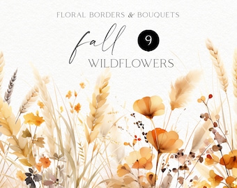 Watercolor fall wildflower clipart, Boho floral borders png for autumn wedding invitations and gender neutral baby shower 158