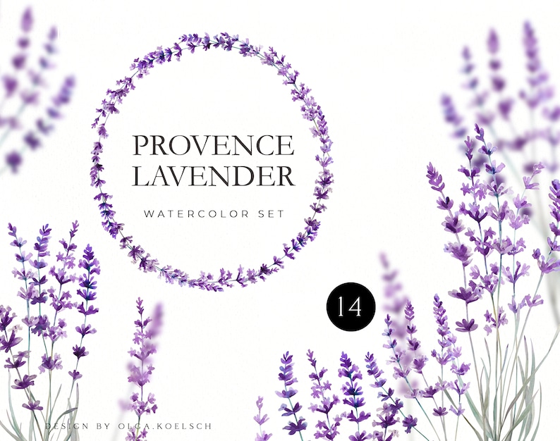 May include: Watercolor illustration set of lavender flowers in shades of purple and green. The set includes 14 individual flower illustrations and a wreath of lavender flowers. The text "Provence Lavender Watercolor Set" is displayed in the center of the wreath.
