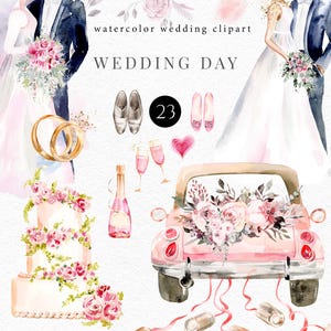 Clipart mariage rose, roses roses, verres, champagne, voiture de mariage, png floral aquarelle, couple de mariés