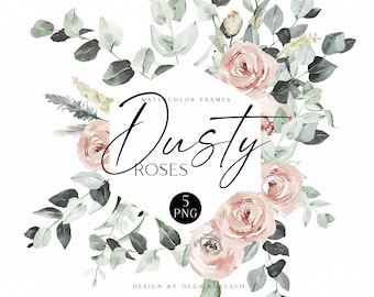 Boho roses frame clipart, Watercolor floral borders png, Wedding clipart with dusty pink roses OK001