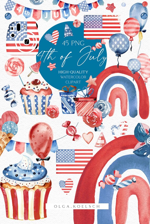 Labor Day clipart, 4th of July clipart, American independence day clipart, blue and red watercolor clipart, USA  flag clipart 027