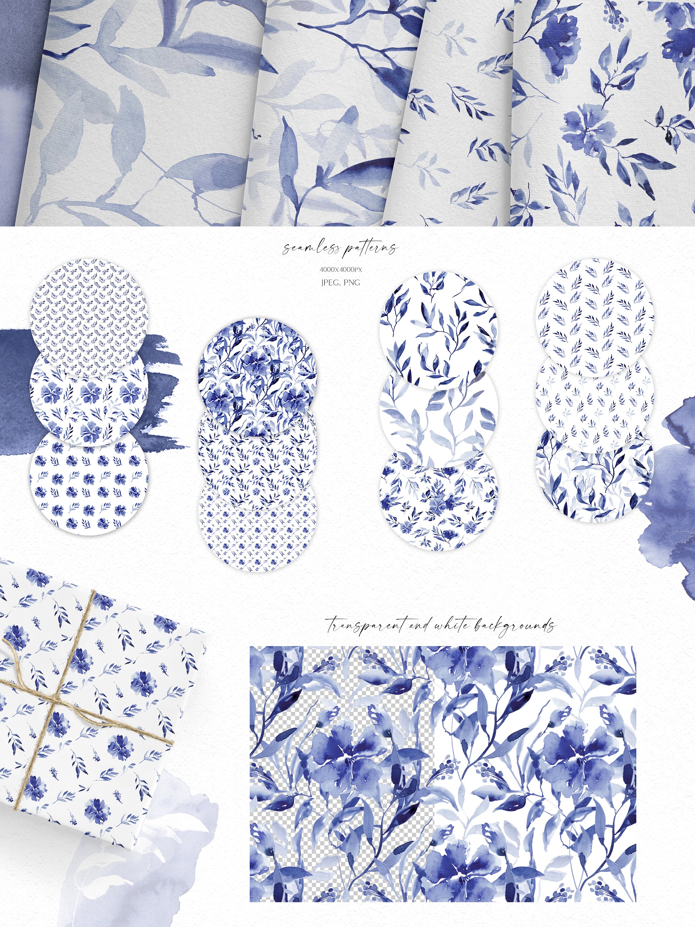 Blue Floral Seamless Pattern Fabric, Watercolor Navy Blue Digital Paper ...