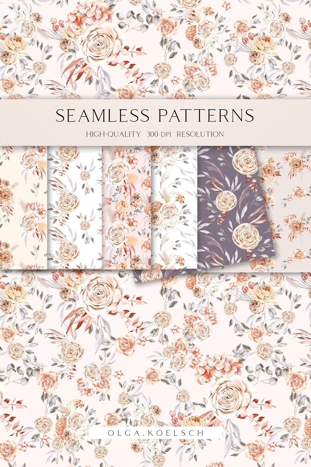 Boho Roses Seamless Pattern for Fabric, Beige Roses Digital Paper ...