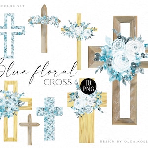 Clipart de cruz floral azul de acuarela, clipart de Pascua religiosa, cruz de bautismo de niño, clipart de primera comunión 103
