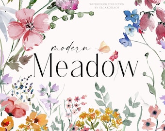 Puede incluir: Ilustración de acuarela de un prado con varias flores en tonos de rosa, morado, azul, amarillo y naranja. El texto "modern Meadow" está escrito en fuente negra.