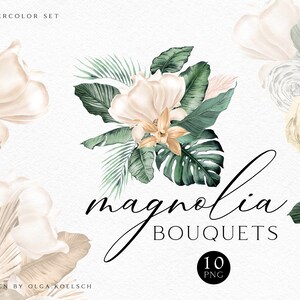 Boho aquarel tropische clipart. Magnoliabloem clipart, tropische bloemenranden png, witte bloemenelementen en groen clipart 012