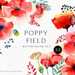 Clipart fleur de pavot aquarelle Clipart floral rouge. Fleurs dessinées à la main pour faire-part de mariage bohème 018
