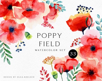 Watercolor Poppy Clipart: Red Floral, Boho Wedding (PNG)
