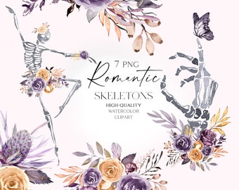 May include: 7 Watercolor PNG Clipart Images of Romantic Skeletons with Floral Arrangements. The skeletons are in various poses, including dancing and holding a butterfly. The flowers are in shades of purple, yellow, and orange.