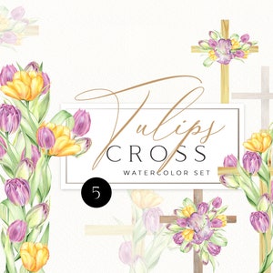Aquarell Osterblumenkreuz, katholische Holzkreuze mit Blumen, religiöse ClipArt, Taufkarte