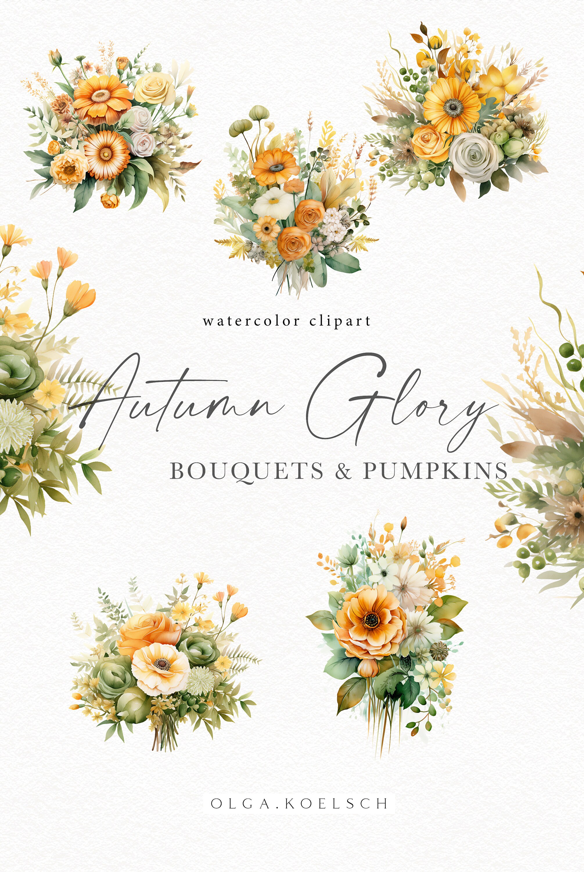 Watercolor Pumpkin Clipart, Floral Pumpkins Png With Autumn Flowers ...