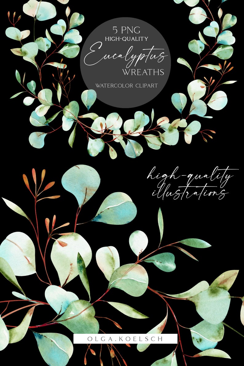 Watercolor Eucalyptus Wreath Clipart, Greenery Wedding Invitation (PNG ...