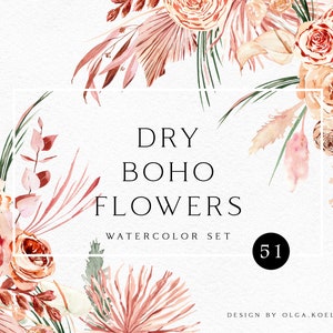 Éléments floraux tropicaux aquarelles bohèmes, clipart aquarelle palmier séché, clipart floral rose pour faire-part de mariage d'été, baby shower 123